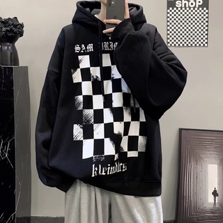 Áo Hoodie ,Áo Nỉ Bông In Họa Tiết Ô Vuông Caro Trước Ngực From Rộng Phong Cách Hàn Quốc