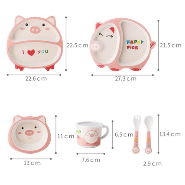 Bộ Bát Ăn Dặm Cho Bé Sợi Tre Cao Cấp 5 Món Gồm Thìa Dĩa Khay Bát Cốc Hình Thú Cute BAT01