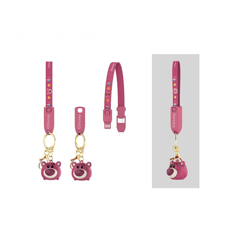 Disney Mickey Mouse Gấu Dâu Tây Lotso Móc khóa 3 Trong 1 Dây Cáp Sạc Nhanh 3 đầu Micro USB Type C Sạc Nhanh Cáp Keychain