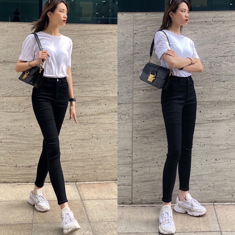 [Mã FAMARAL1 giảm 10K đơn 50K] Quần jeans nữ, quần jeans lưng cao dáng ôm co dãn màu đen size S M L BASIC SKUQ-33