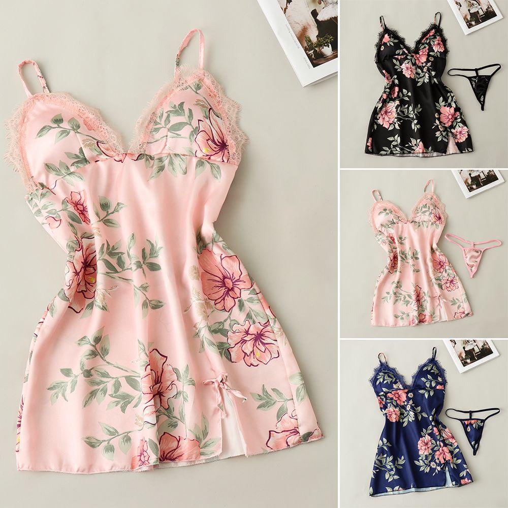 YVE Đồ ngủ Vải Lụa Satin Phối Ren Hoa Có Mút Đệm Ngực Thời Trang Mùa Hè Xinh