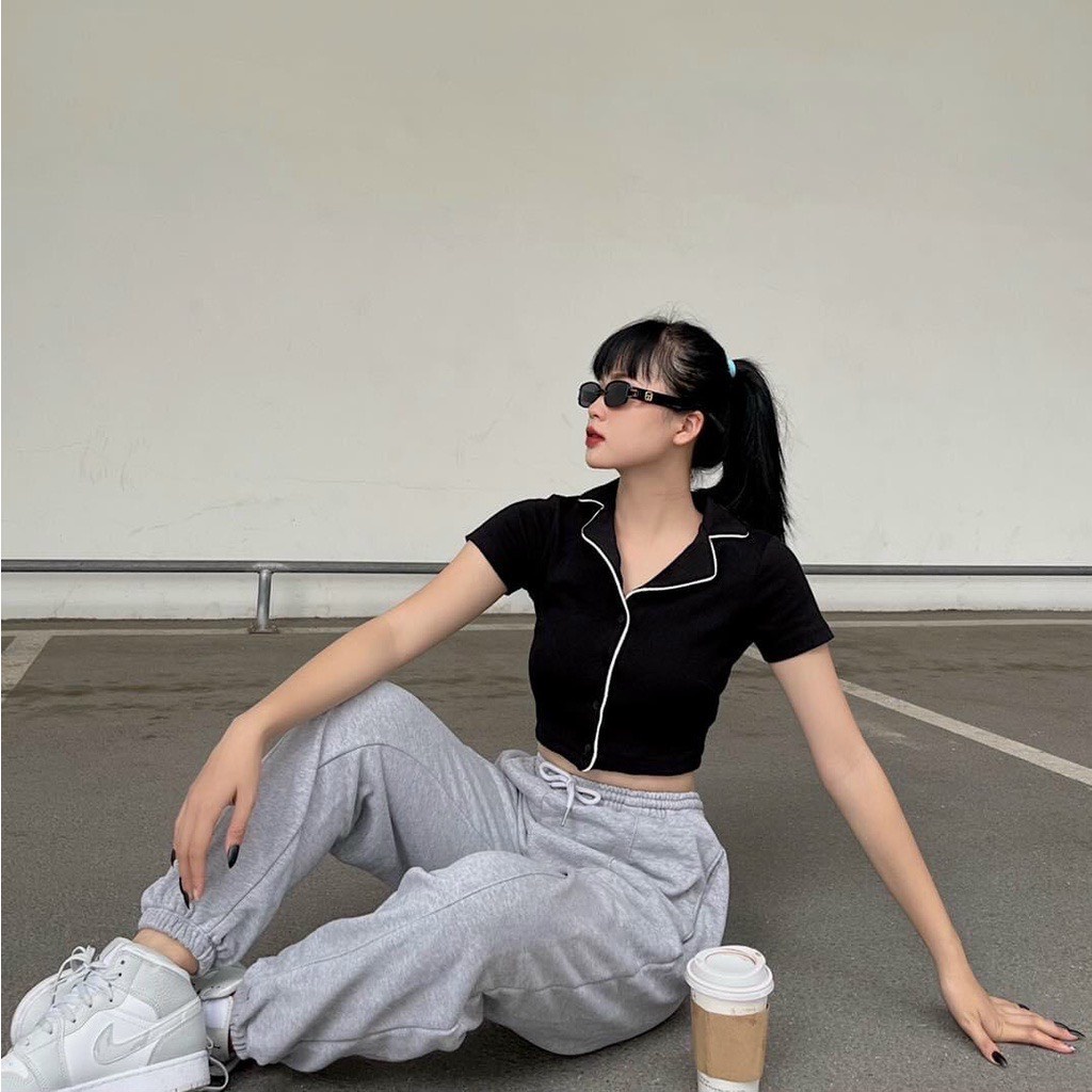 Áo Croptop Tay Ngắn VEST VIỀN Cổ Bẻ Cúc Cài Phối Viền Trắng Cá Tính Trẻ Trung - AK0064 | bear.story