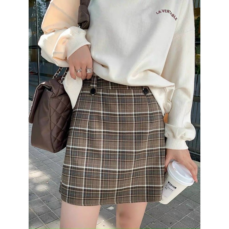 [có sẵn] set ulzzang chân váy caro nâu áo hoodie | BigBuy360 - bigbuy360.vn
