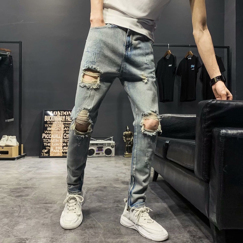 Quần Jeans Dài Phối Vết Rách Cá Tính Thời Trang Nam