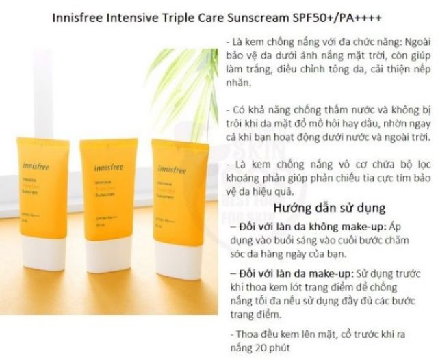 Kem Chống Nắng Innisfree Intensive Triple Shield Sunscreen SPF 50+ PA++++ 10ml và 20ml