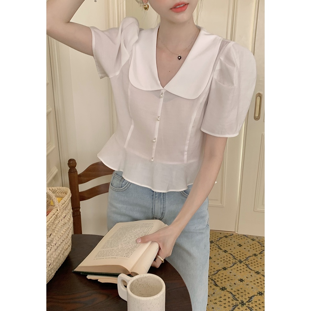 SUXI Áo Sơ Mi Tay Phồng Ngắn Cổ Búp Bê Phối Bèo Kiểu Pháp Dễ Thương