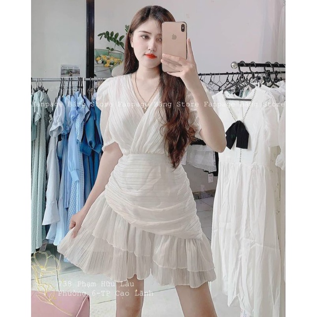 Đầm Dự Tiệc Nữ Trắng Váy Cổ V Đắp Chéo Tay Bồng Đuôi Tầng Bèo Siêu Sang Chất Cực Đẹp