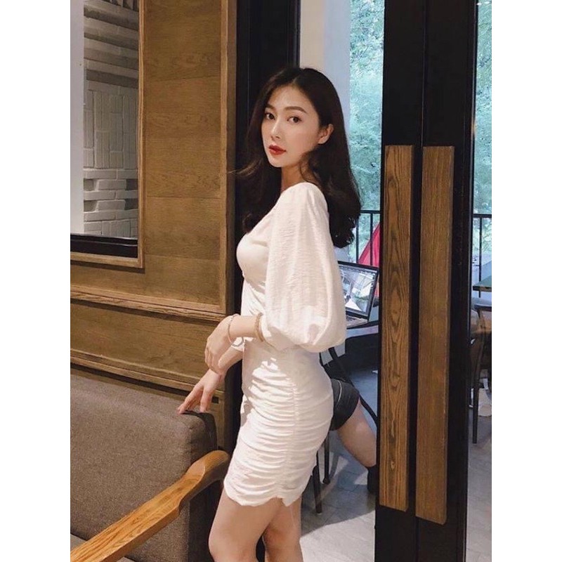 Đầm trắng cổ vuông tay phồng dáng ôm chất liệu đũi cao cấp 100% hàng giống mẫu - MN113 | BigBuy360 - bigbuy360.vn