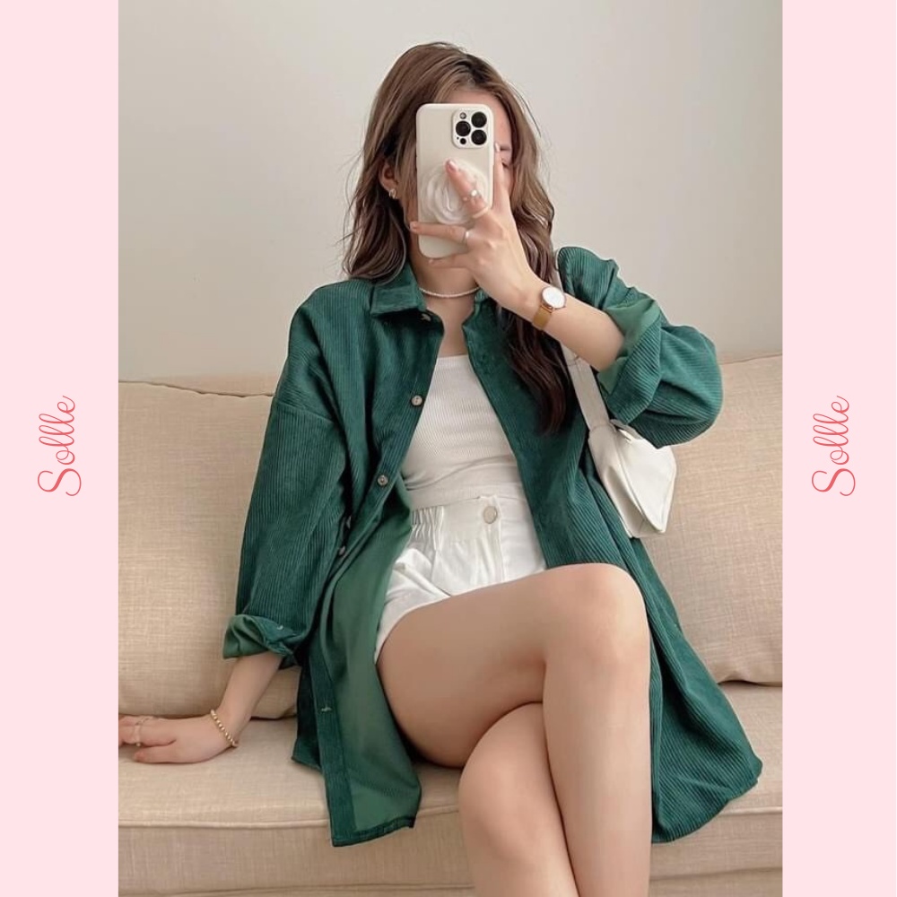 Áo sơ mi dài tay oversize form rộng nhung gân chất dày đẹp thu đông trơn nhiều màu Sollle
