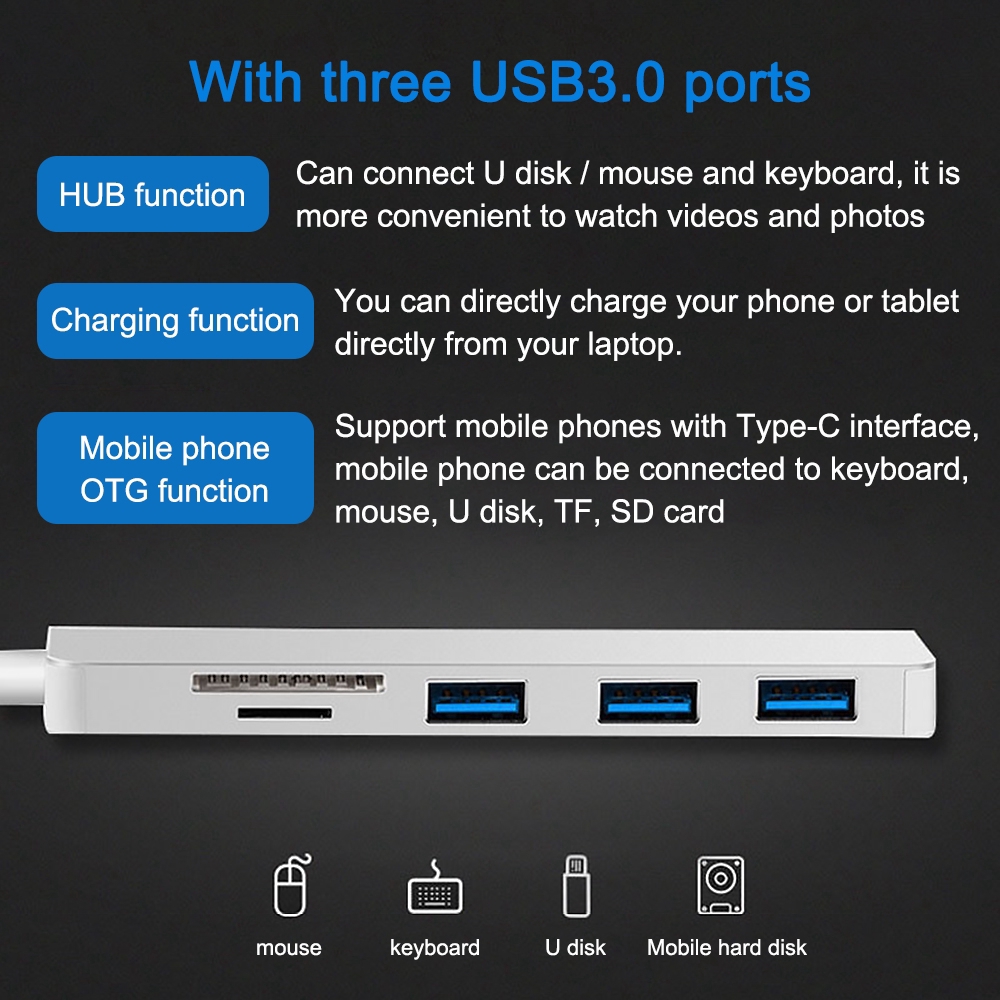 Bộ chia chuyển đổi USB Type-C sang Hub Type-C kiêm đầu đọc thẻ nhớ TF/SD đa năng 5 trong 1 cho MacBook Pro Air