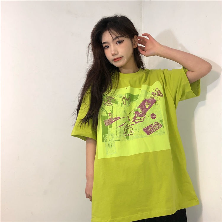 Áo Thun Cotton Ngắn Tay Dáng Rộng In Họa Tiết Kiểu Retro Hàn Quốc Mới