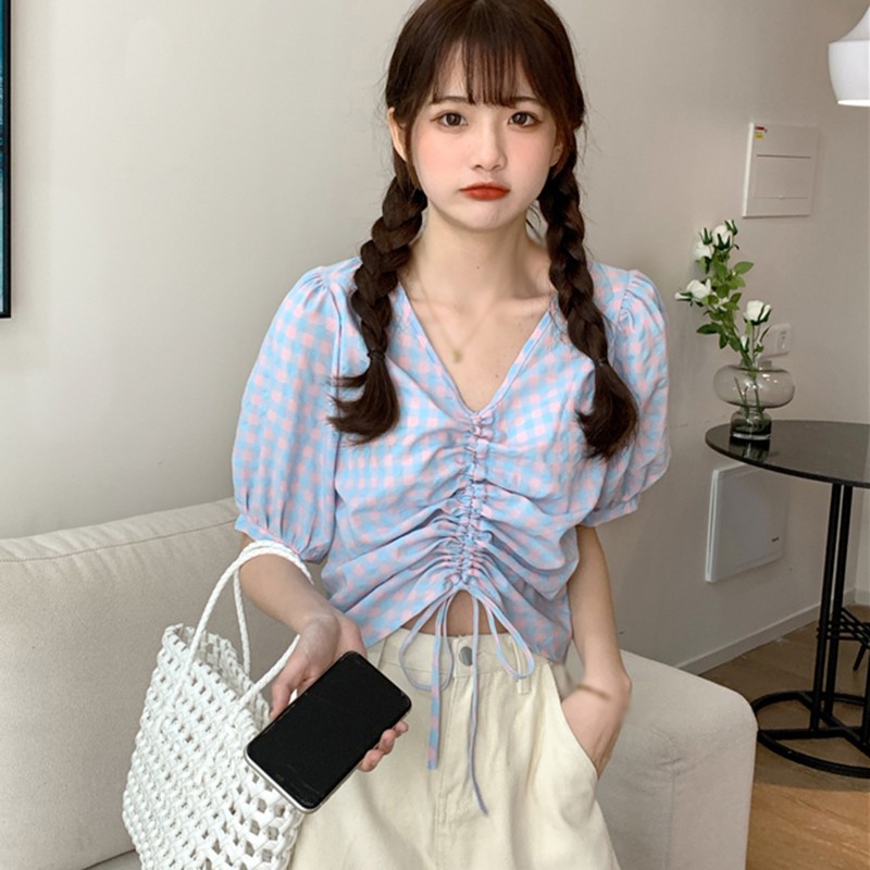 Áo Kiểu Tay Phồng Cổ Chữ V Họa Tiết Sọc Caro Thiết Kế Đơn Giản Thời Trang Dành Cho Nữ