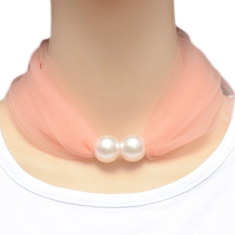 BTF Thin Mesh Lace Pearls Ring Scarf Pure Color Necklace Women Scarf Mother's Day Gifts