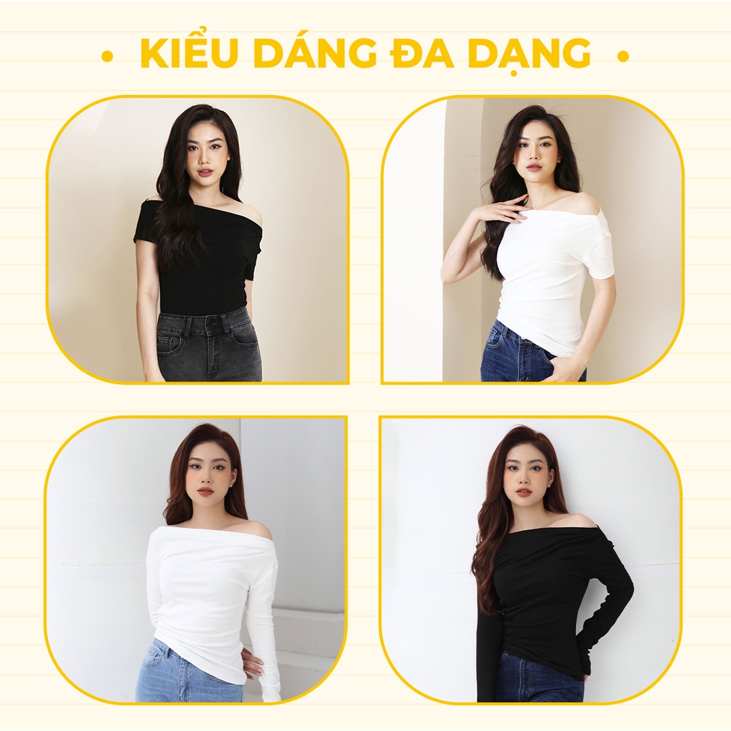 Áo thun kiểu nữ lệch vai dáng ôm sexy chất liệu cotton co giãn 4 chiều thấm hút mồ hôi thoáng mát, CTWOMEN
