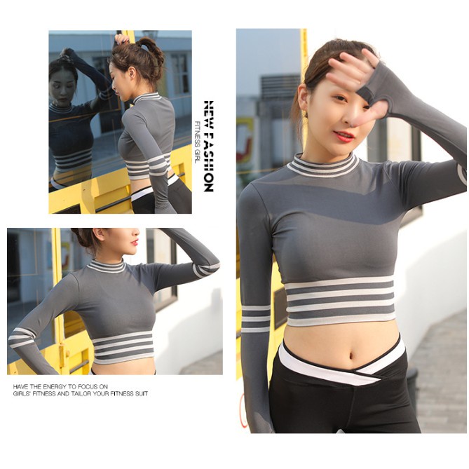 Áo Thun Tập Gym Nữ MADELA Dài Tay Phối Sọc Ngang