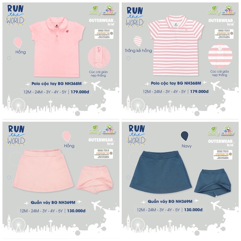 Áo polo cộc tay, chân váy Lullaby bé gái cao cấp