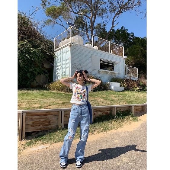 Áo Thun Tay Ngắn Cổ Tròn Màu Đen In Họa Tiết Hoạt Hình Phong Cách Hàn Quốc Thời Trang Cho Nữ