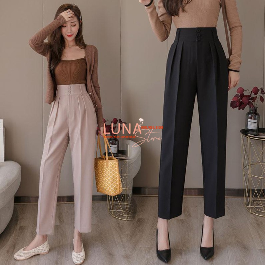 Quần baggy cạp cao 3 cúc nữ xếp ly dáng dài form rộng ống suông đứng - Màu Đen Kem - Vải dày mềm mặc công sở đi học làm