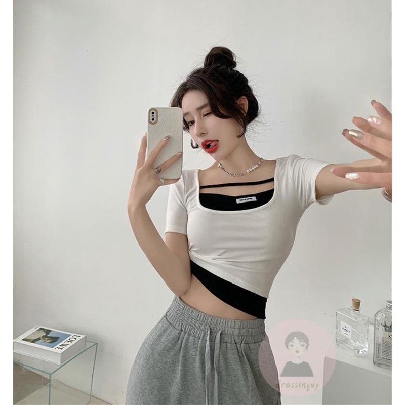 Áo Thun Tay Ngắn Cổ Chữ U Màu Trắng/Đen Cho Nữ