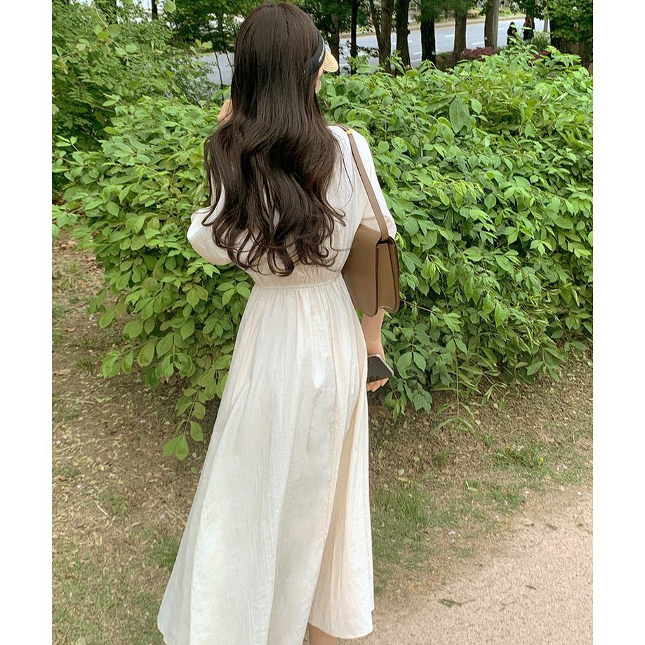 Đầm Peppermint 43636 dài tay ngắn cổ chữ V eo co giãn phong cách thời trang Hàn Quốc