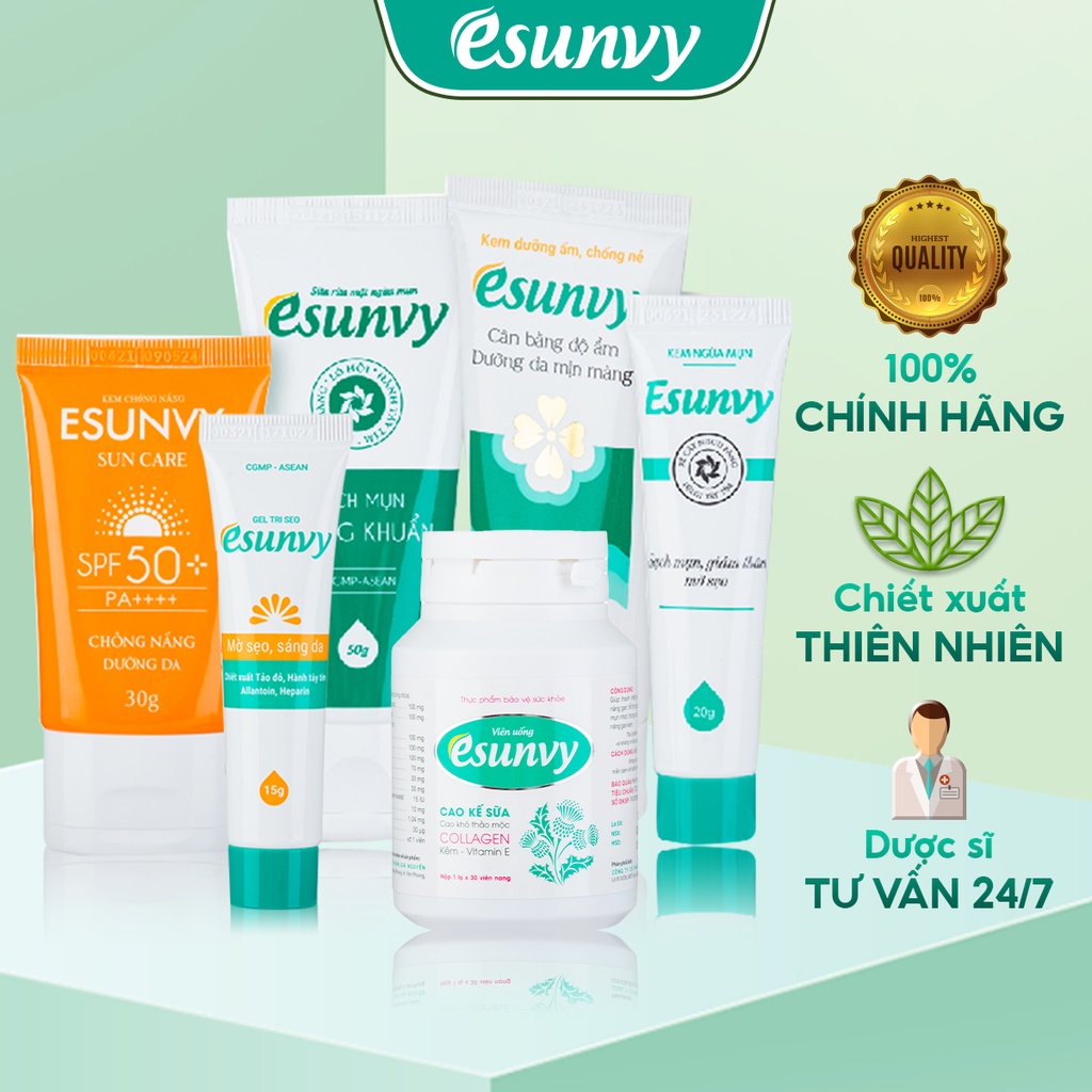 Bộ Chăm Sóc Da Sẹo Mụn & Chống Nắng Hiệu Quả Esunvy - Giúp Sạch Mụn, Hết Thâm, Mờ Sẹo, Lành Tính CSDSMCN