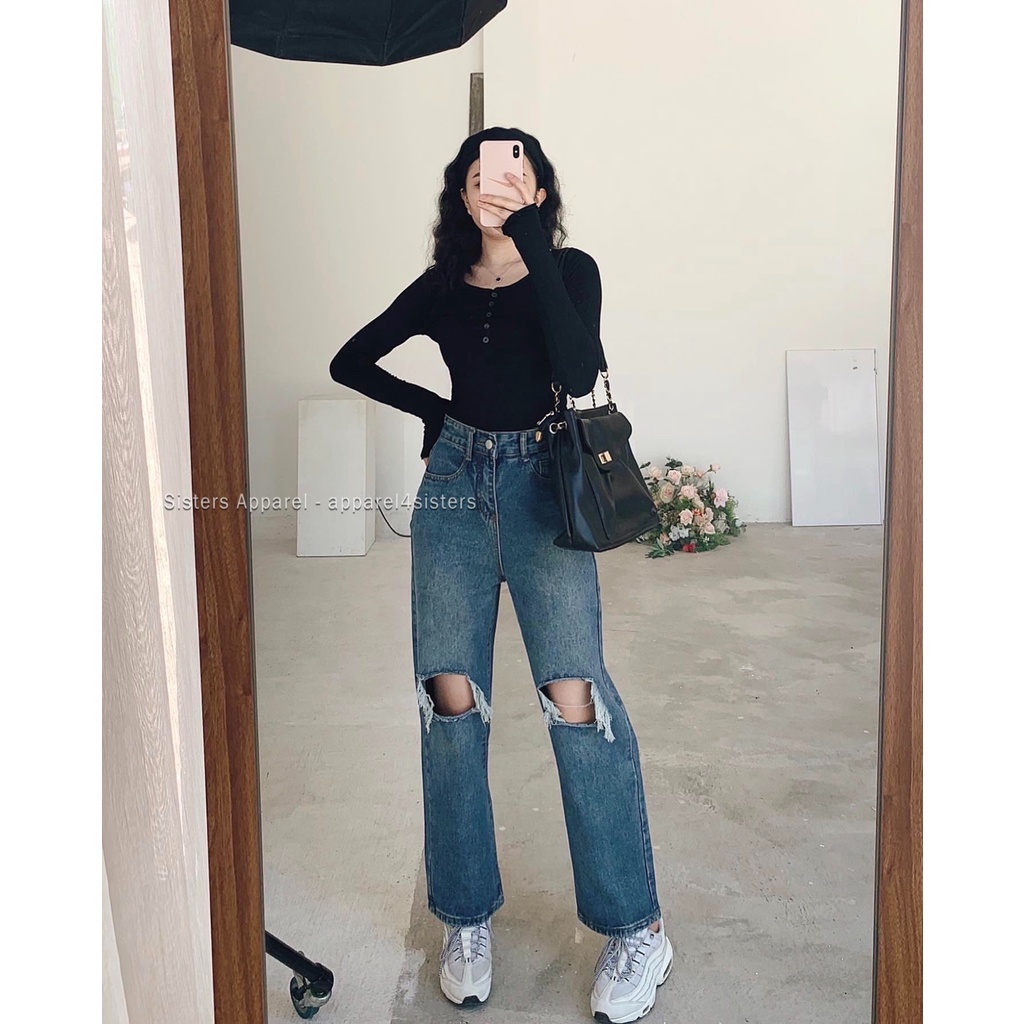 JEANS XANH ĐẬM RÁCH 2 GỐI-QJ075