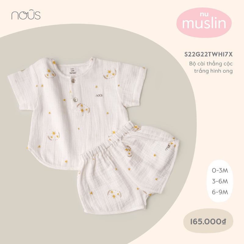 Bộ Quần Áo Cộc Cài Thẳng Nous Màu Trắng Hình Ong Nhỏ- Cho Bé Gái-Chất Liệu Nu Muslin (Size Từ 0-3 Tháng Đến 6-9 Tháng)