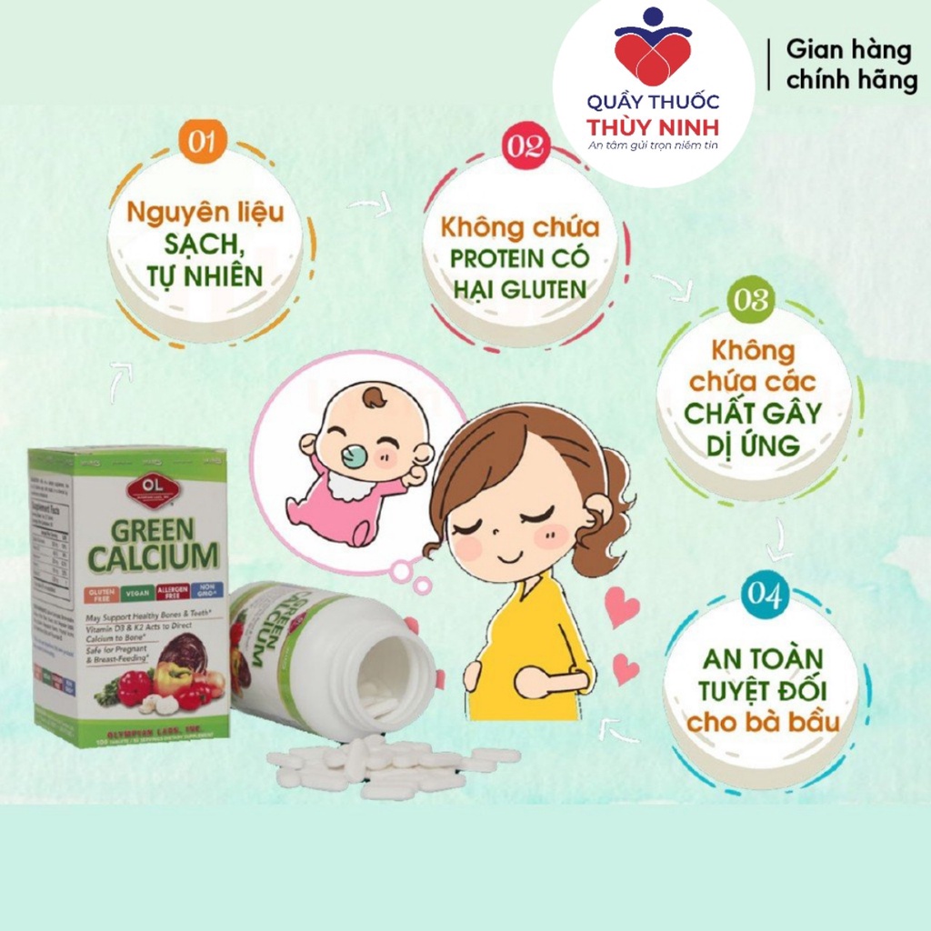 Viên Uống Bổ Sung Canxi Hữu Cơ Olympian Labs Green Calcium Giúp Xương Chắc Khoẻ, An Toàn Cho Mẹ Và Bé