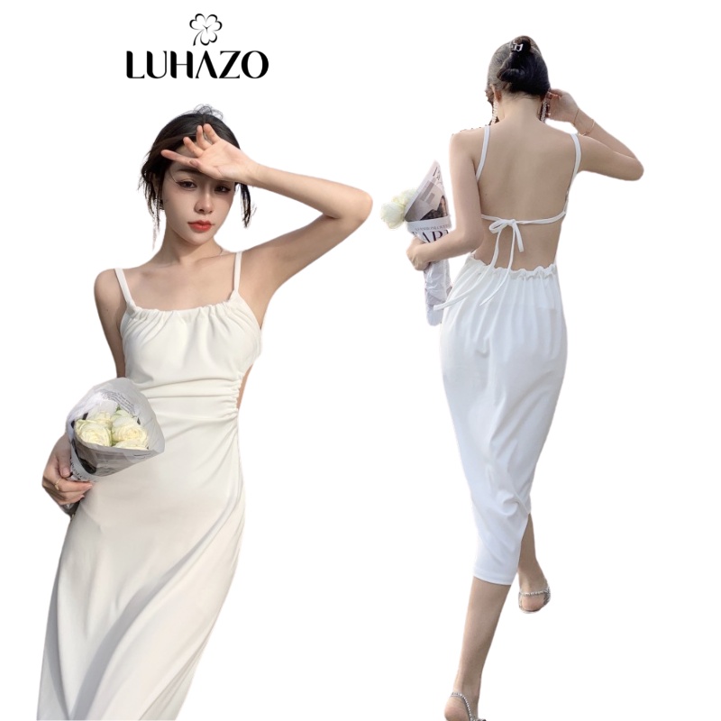 Váy đi biển trắng LUHAZO cổ yếm maxi body sexy đi tiệc  nữ đẹp 2 dây dáng dài bigsize  Hàn Quốc hở lưng  1072 DK5T403