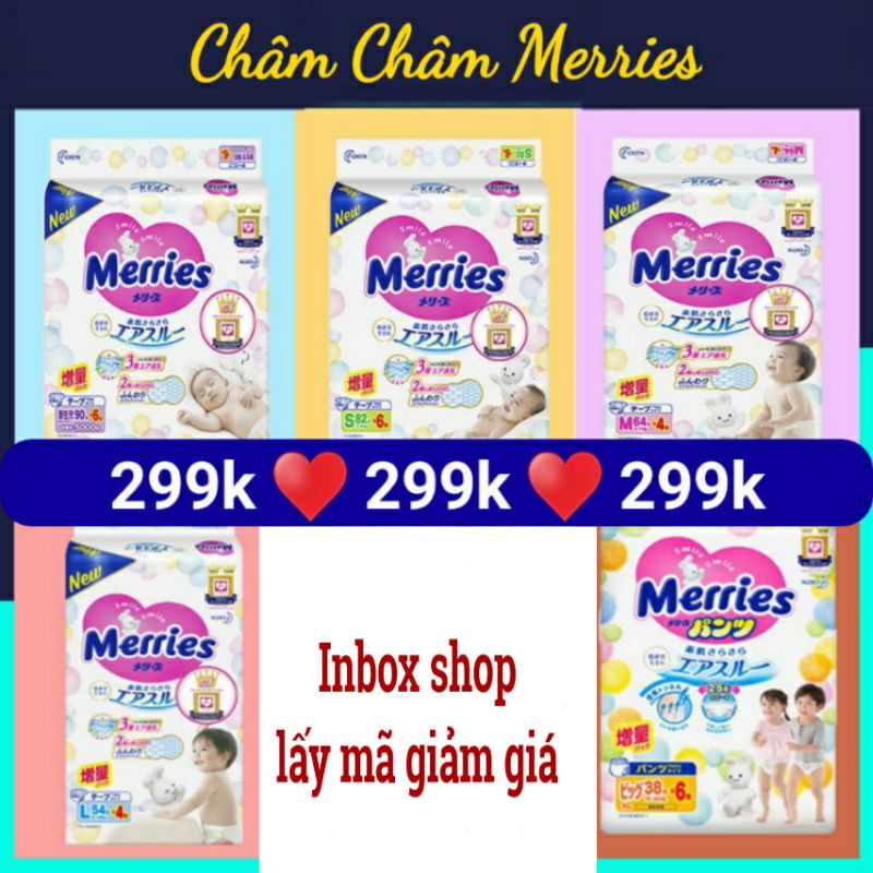 (Cộng Miếng )Tã Dán/Quần Merries Nội Địa Nhật NB96/S88/M68/L58/M64/L50/XL44/XXL28