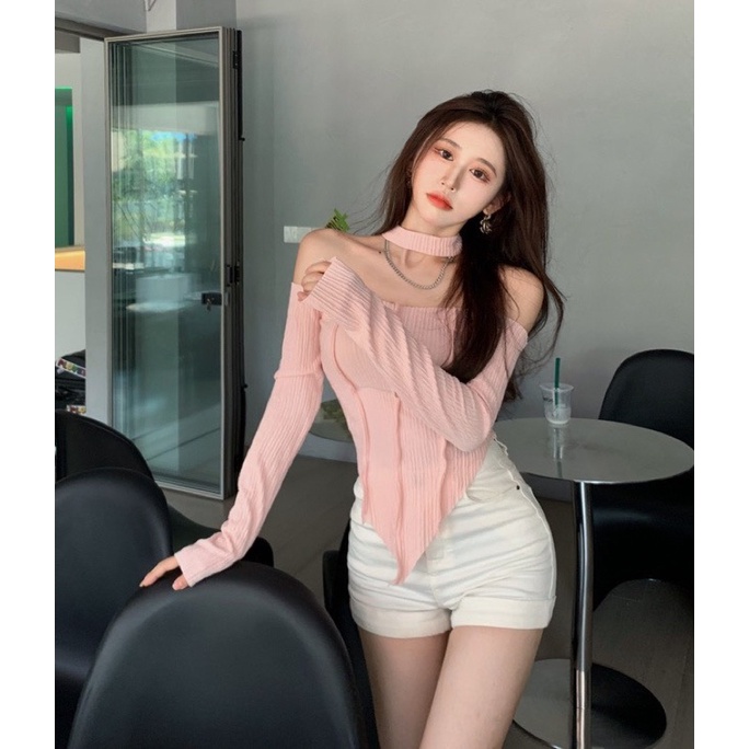 SET ÁO HỒNG GÂN TD CHOKER BẸT VAI + QUẦN SHORT TRẮNG (TH)