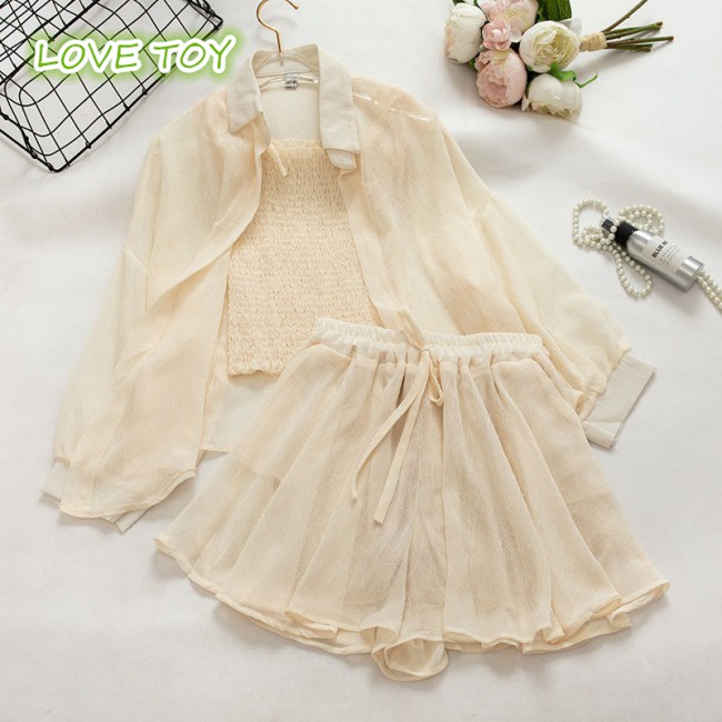 Nkodok Set 3 Món Áo Sơ Mi Ba Lỗ Phối Quần Short Màu Trơn Chống Nắng Thời Trang Mùa Hè Cho Nữ
