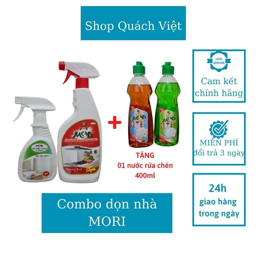 Tẩy dầu mỡ bếp, tẩy cặn canxi MORI, combo dọn nhà đón Tết