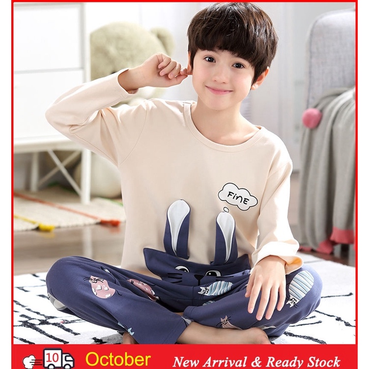 Bộ đồ ngủ cotton tay dài cổ tròn in hình mèo hoạt hình dễ thương thoáng khí cho nam và nữ