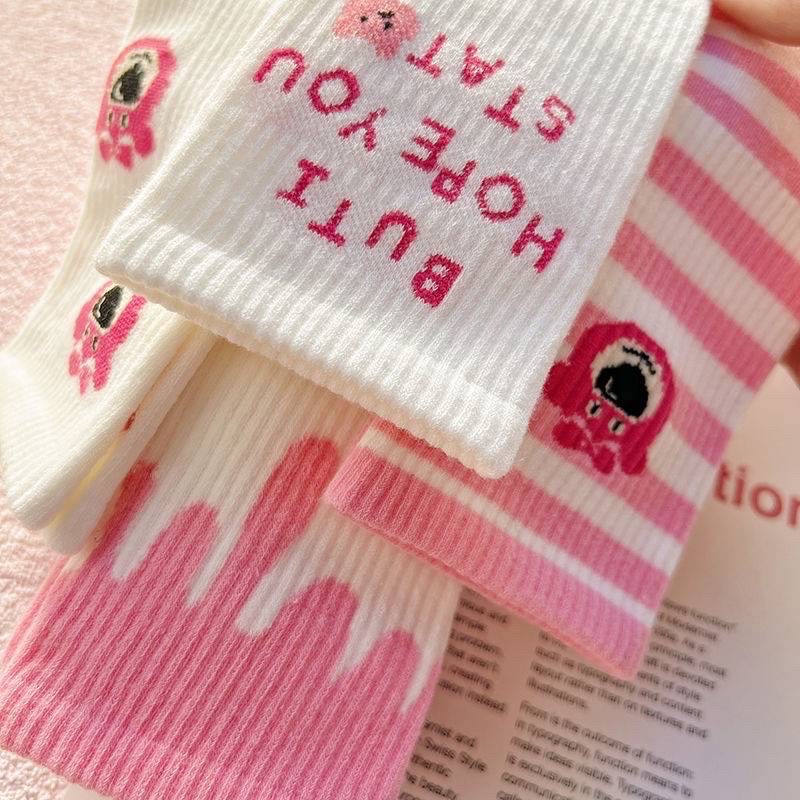 set 10 đôi Vớ cotton cổ cao hình gấu dâu LOSTO dễ thương Hàn Quốc - Tất cao cổ hoạ tiết gấu hồng co giãn