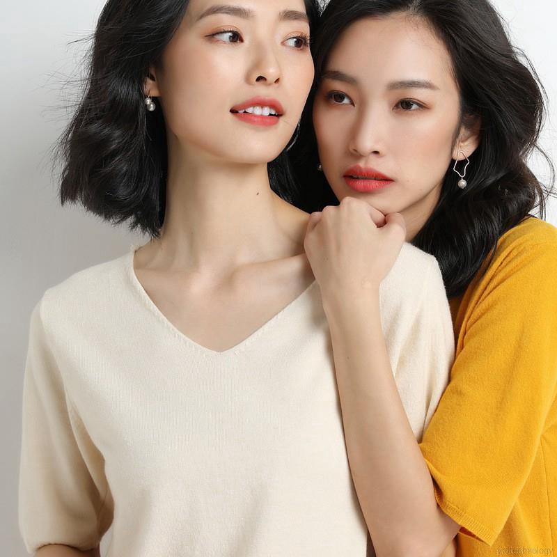 Summer Women V Neck Solid Casual Short Sleeve Simple T-Shirt | BigBuy360 - bigbuy360.vn