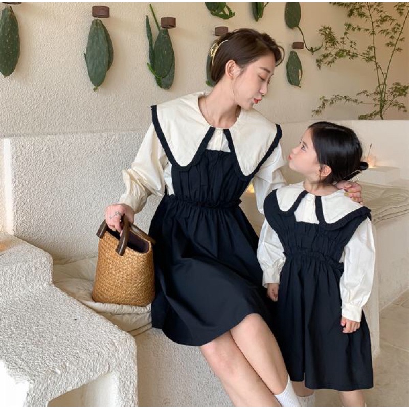 Đồ Đôi Mẹ Và Bé Váy Sơ Mi Cổ Bẻ Tay Dài Yếm Đen