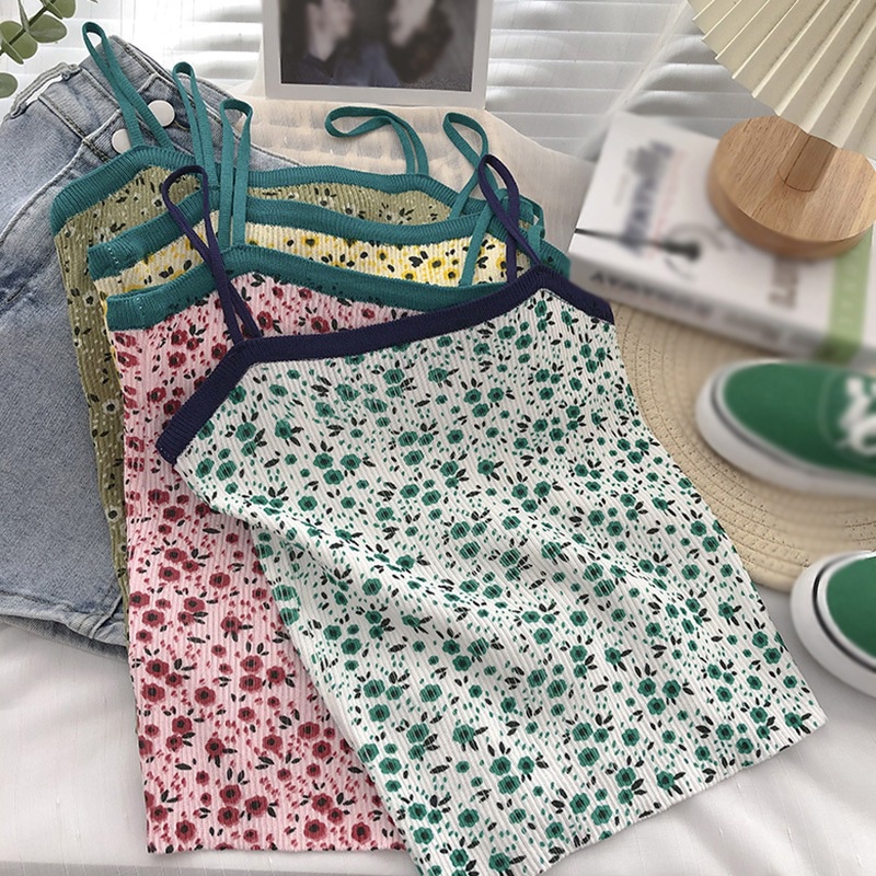 Women's Summer Floral Camisole Korean Sweet Slim Knitting Sleeveless Camisole Floral Crop Tank Top