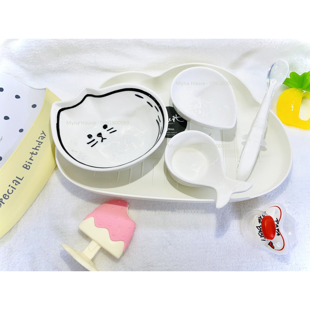Combo 5 món khay ,thìa , bát sứ ăn dặm cho bé siêu cute màu trắng - nhiều mẫu