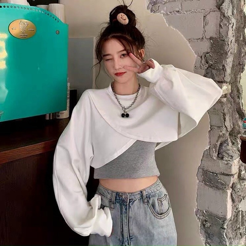 ÁO CROPTOP Chéo TAY Dài - Áo Kiểu cổ tròn tay phồng nhẹ