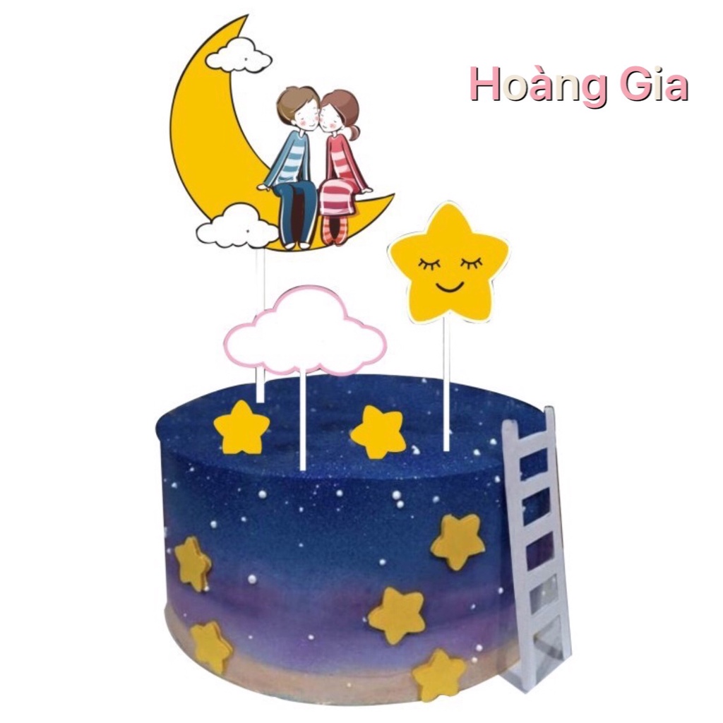 Phụ Kiện Trang Trí Bánh Sinh Nhật Bánh Kem - Thẻ cắm cặp đôi ngồi trăng