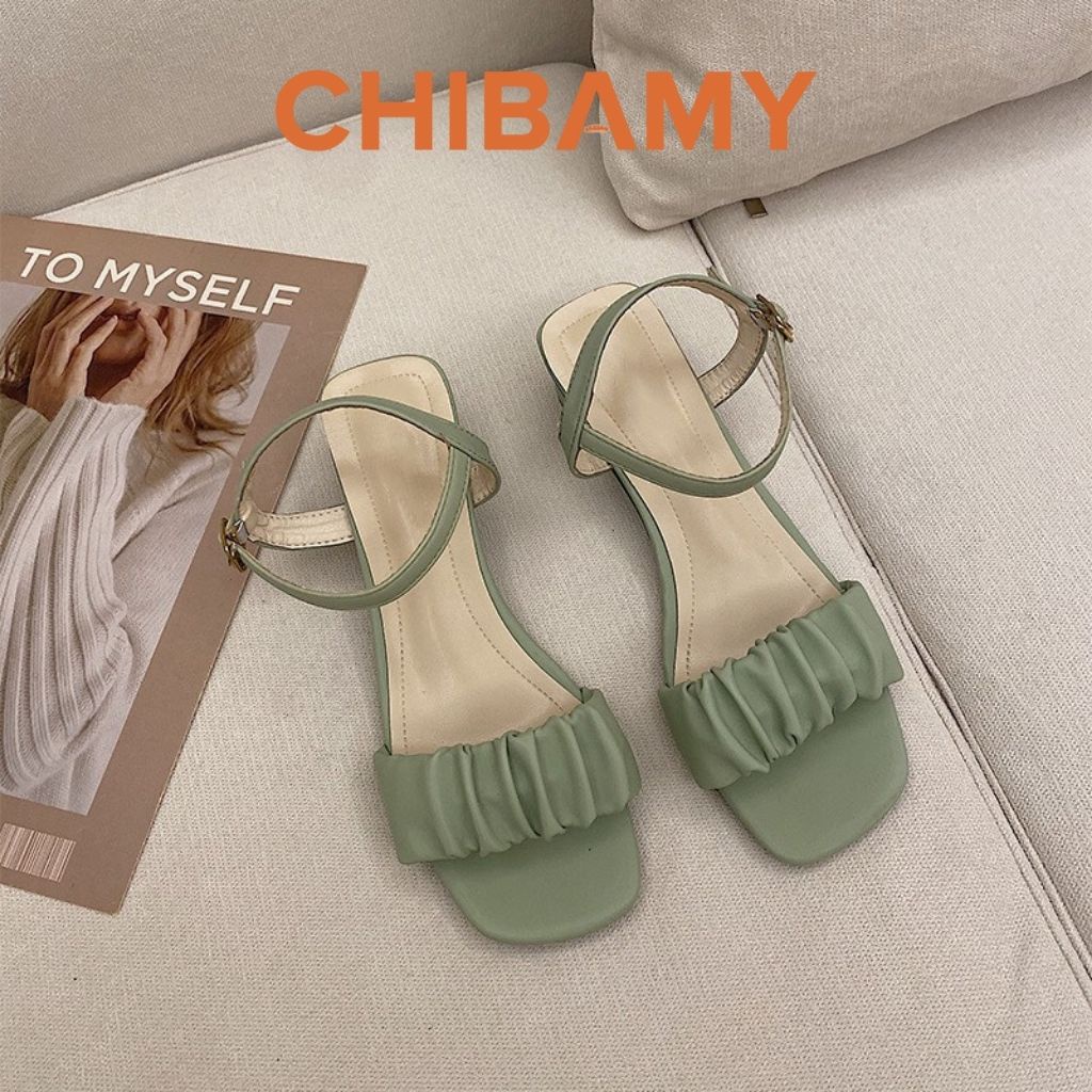 Dép sandal nữ đế vuông cao 3 phân quai nhăn CHIBAMY chất da mềm mịn