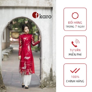 Áo dài cách tân màu đỏ họa tiết hạc trắng in 3d, chất liệu tơ lụa organza phong cách vintage Fkaro HT203