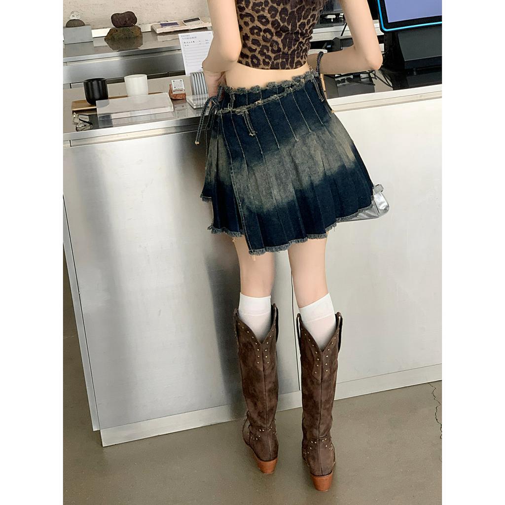 Lalisas Chân váy jean Ngắn Lưng Cao Dáng Chữ A Xếp Ly Thiết Kế Không Đều Phong Cách retro Cho Nữ