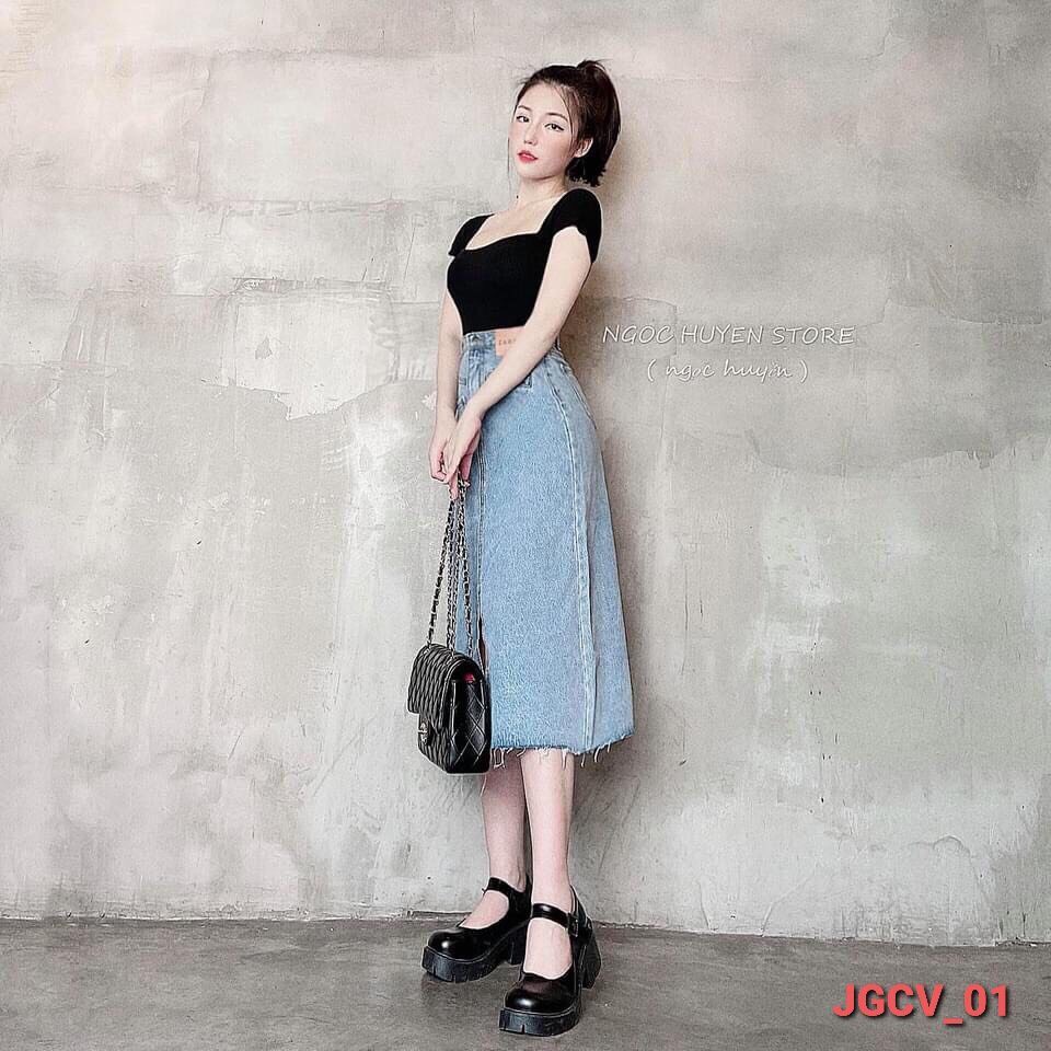Chân váy jean dáng dài chất bò dày dặn hai cúc màu đen khói CV1