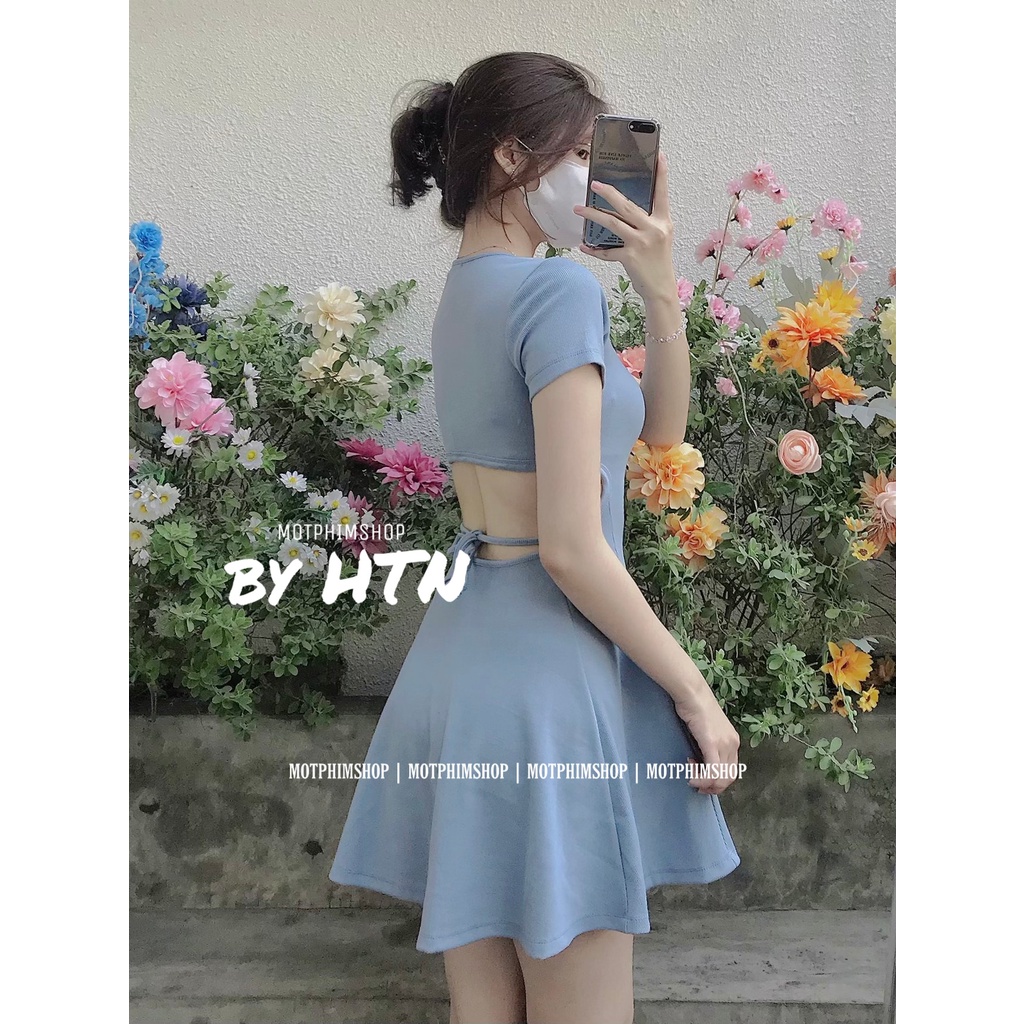 Đầm midi hở lưng tay ngắn