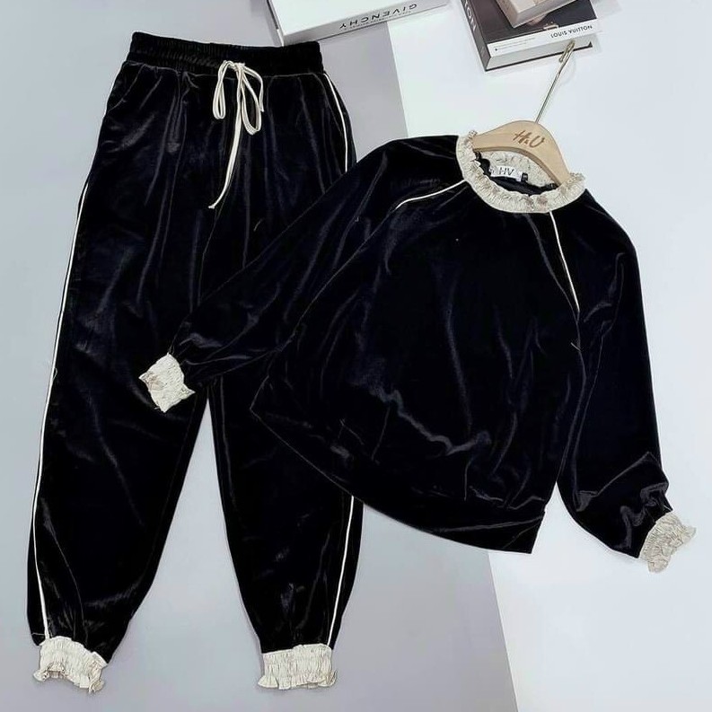 bộ đồ nữ thu đông dài tay chất nỉ nhung bo viền điệu đà | BigBuy360 - bigbuy360.vn