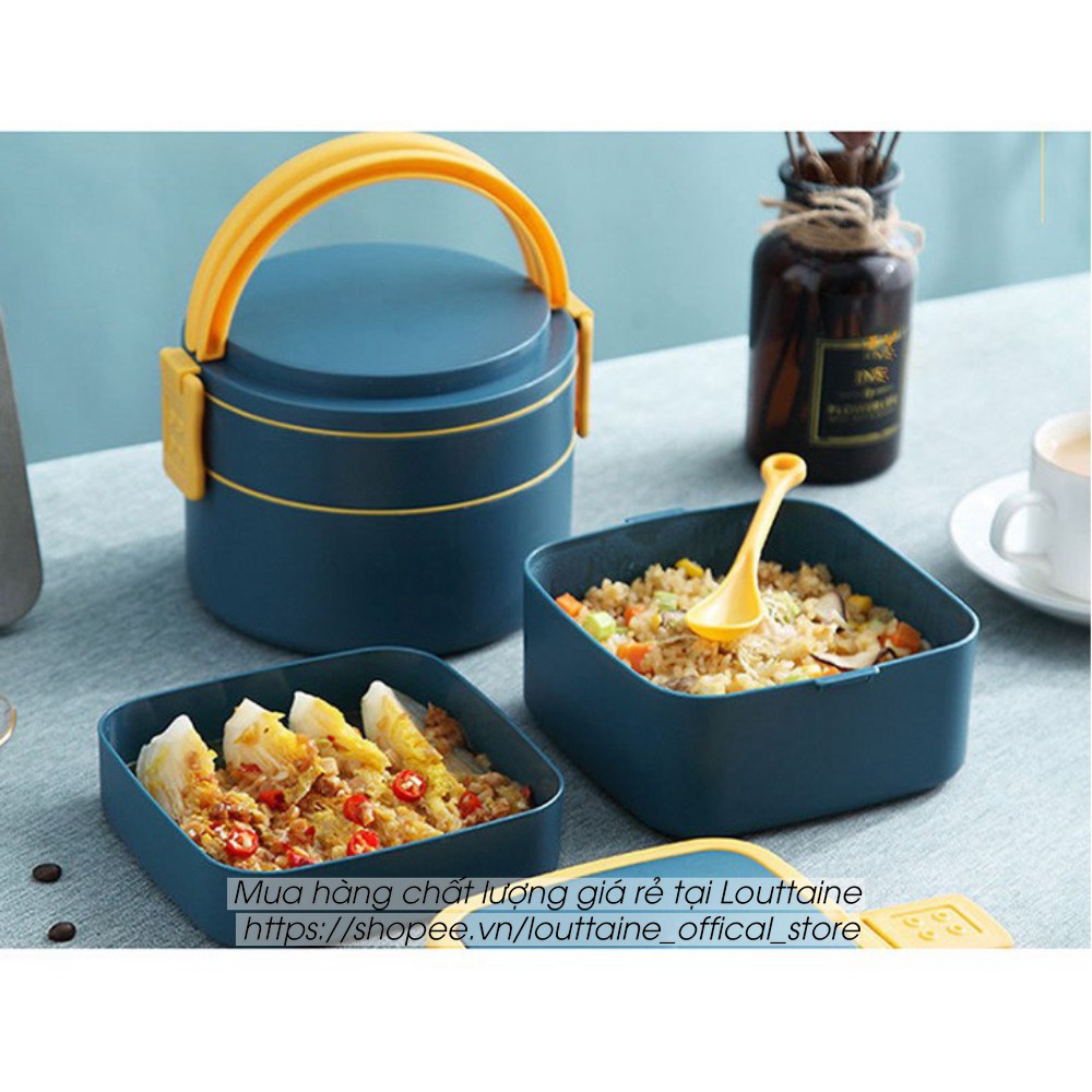 Hộp đựng cơm 2 tầng 1000ml nhựa PP cao cấp có quay xách kèm thìa, hộp đựng cơm văn phòng, đi học đi làm tiện lợi | BigBuy360 - bigbuy360.vn