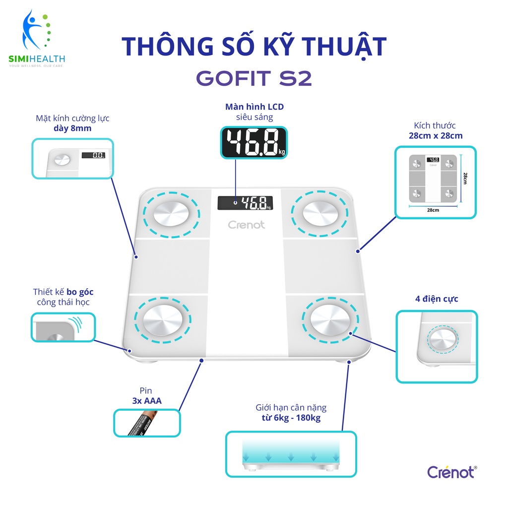 Cân Sức Khoẻ Điện Tử Thông Minh 15 Chỉ Số Crenot Gofit S2 kết nối bluetooth đo phân tích mỡ béo cơ thể body fat scale