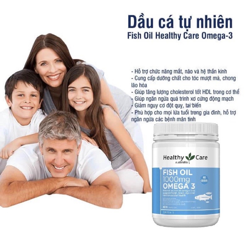 Viên uống dầu cá tự nhiên Healthy care Fish Oil 1000mg Omega 3, 400v